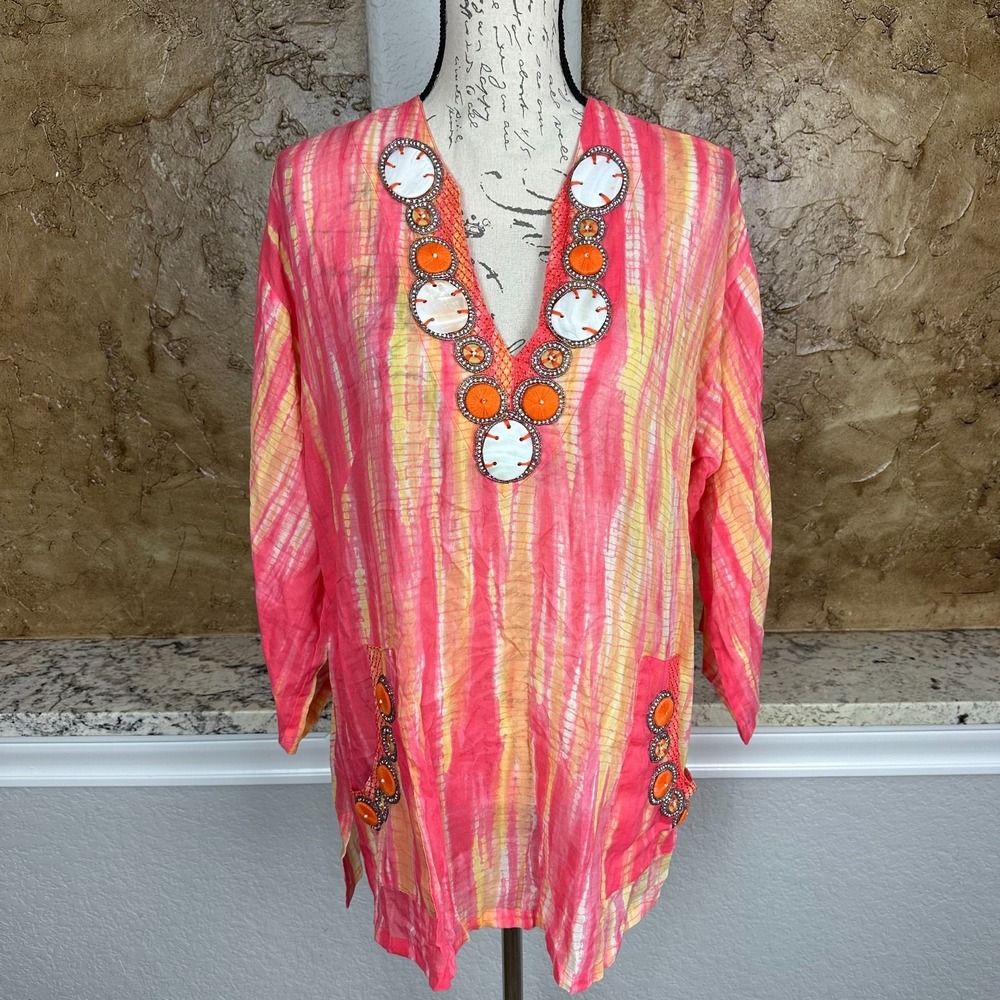 NWOT Soft Surroundings Tunic Top Women's Large Embellished Bohemian Tie Dye Pink